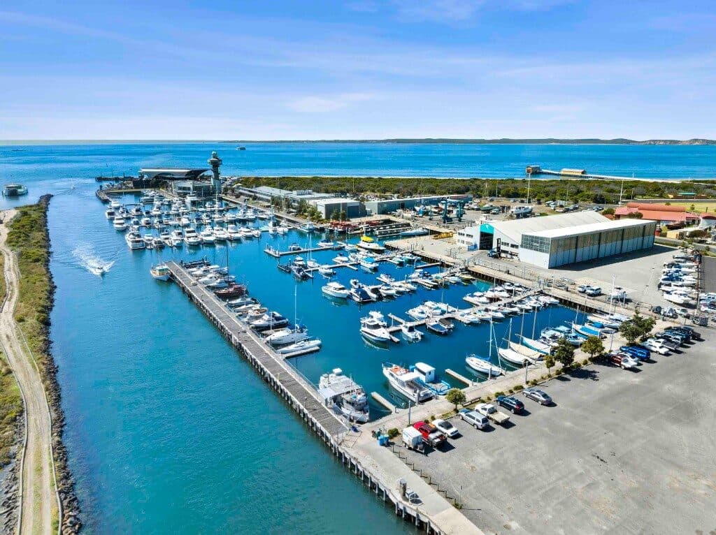 Queenscliff Harbour from the air — marina, channel and workshop sheds