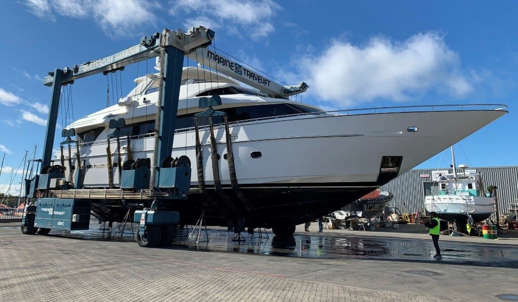 Queenscliff Harbour's Marine Travelift hauling a large motor yacht